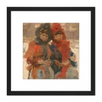 Isaac Israels Two Young Women In The Snow 8X8 Inch Square Wooden Framed Wall Art Print Picture with Mount