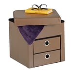 Relaxdays Tabouret, Meuble de Rangement, HxLxP : 38 x 38 x 38, Pliable, Pouf de Stockage avec tiroirs, Taupe