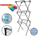 Freestanding Clothes Laundry Airer Rack Dryer Pegs Included Foldable Black 133cm