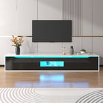 Meuble tv 180x35x30 cm, avec lumière led variable, avec porte encastrée, design color block en blanc brillant et bois, meuble tv flottant pour salon