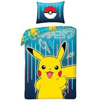 Halantex Parure de lit Pokémon Pikachu Jaune Bleu 2 pièces Housse de Couette 140 x 200 cm + 1 taie d'oreiller. 100% Coton certifié Oeko-Tex.