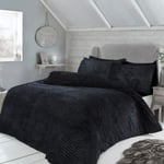 Sleepdown Ribbed Sparkle Glitter Fleece Black Reversible Soft Duvet Cover Quilt Bedding Set With Pillowcase - Single (135cm x 200cm)