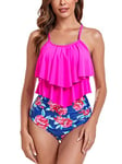 FLYILY Maillot de Bain Tankini pour Femme Haut Double à Volants Taille Haute Maillots de Bain 2 pièces Maillots de Bain(4-RoseRed,XL)