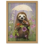 Picking Flowers in the Rain Oil Painting Cute Sloth with an Umbrella in a Wildflower Meadow Kids Bedroom Artwork Framed Wall Art Print A4