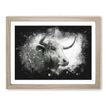 Stone Statue Of A Bull Paint Splash Modern Art Framed Wall Art Print, Ready to Hang Picture for Living Room Bedroom Home Office Décor, Oak A4 (34 x 25 cm)