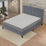 sensoreve Ensemble Matelas + Sommier & tête de lit capitonnée (140 x 200cm)- Matelas Orionis Mousse Mémoire de Forme d’épaisseur 16cm + Lit Stable & Robuste, revêtement synthétique Gris