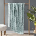 Madison Park Zuri Soft Plush Luxury Oversized Faux Fur Throw Animal Stripes Design, Faux Mink On The Reverse, Modern All Seasons Blanket for Bed, Sofa Couch, Office, Aqua, 60x70