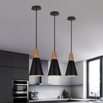 3X Suspension Luminaire Moderne Noire, Abat-Jour En Métal Et Bois, Suspension Lustre Nordique Rétro, Ampoule Non Incluse