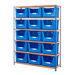 BiGDUG Premium Large Stacking Pick Bin Kit with 6 Levels and 15 Blue Bins Chipboard, Steel 1980 x 1525 x 455 mm Blue, Orange