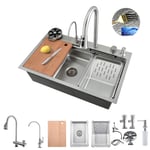 Bokaiya Évier de Cuisine, Cascade Multifonction, Evier de Cuisine à Comptoir Raindance Professionnel Lavabo Acier Inoxydable avec Lave Verre & Robinet Extractiblen Haute Pression Argent 80x45x21cm