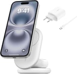 Boostcharge Socle De Recharge 2-En-1 Aimanté Et Pliable Qi2 (15 W Compatible Magsafe Chargeur Sans Fil, Recharge Rapide, Apple Iphone 16/15/14, Base Antidérapante, Adaptateur Secteur, Blanc)[L1899]