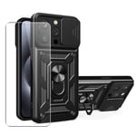 Case for iPhone 15 Pro Phone Cover + Glass Screen Protector, Stand Black