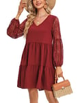 Mini Robe été Femme Robe Col V à Manches Lanternes Robe à Manche en Dentelle Longue Découpée Dress Sexy Elegant avec Poches Plage Vacances (Rouge Vineux,XL)