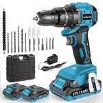 LEEIKOO Cordless Drill Driver 21V, Brushless Cordless Hammer Drill with 2 Batteries 2000mAh, 20+3 Torque, 45N.m Max Electric Drill, LED Light, 2 Speed, 14PCS for Home and Garden DIY Project