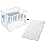 roba Parc Bébé en Bois 75 x 100 cm + Matelas et Tapis de Parc roba Style Bleu Clair - Hauteur Ajustable sur 3 Niveaux - Roulettes avec Freins - Laqué Blanc