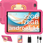 Tablette enfants 10 pouces, tablette Android 14 avec 5G Wifi, 22 Go RAM + 128 Go ROM | Contrôle parental | 8000 mAh | Octa Core | 5 + 8 MP | Protection en EVA antichoc + Support pivotant à 360° - Rose