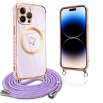 Pnakqil Coque Magnétique pour iPhone 14 Pro Max Con Cordon, Compatible avec MagSafe, Silicone Housse avec Motif Coeur d'amour Réglable Collier Lanyard, Antichoc Etui pour iPhone 14Pro Max 6.7", Violet