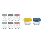 Kilner Kids Set of 6 190 ML Glass Jars, Grey,purple & Set of 2 Glass Snack and Store Pots 125 ml with Push Top Silicone Lids