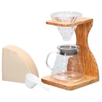 Hario V60 Olive Wood Stand Set | All In One Coffee Brewer Set-up With Stand, Glass Dripper, Range Server, Measuring Spoon and Filters, Clear, Size 02