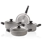 Karaca Induction Hob BioGranite 7 Pieces Pots and Pans Set Non-Stick Kitchen Cookware Set - Granite Cooking Set with 3 Pots with 3 Glass Lids & 1 Frying Pan - PFOA Free, Dishwasher-Safe, Grey