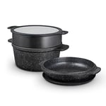 Tower T900190 Precision Multi-Functional Casserole Set with Steamer Insert, Lightweight Cast Aluminium, 24cm, Black