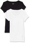 Amazon Essentials T-Shirt Ajusté à Manches Courtes et Encolure Dégagée Femme, Lot de 2, Noir/Blanc, M