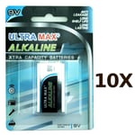 10X Ultramax 9V PP3 Alkaline battery Smoke Alarms LR22, MN1604, 6LR61, RB100890