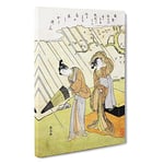 Big Box Art Caught in The Rain by Harunobu Suzuki Painting Canvas Wall Art Framed Picture Print, 30 x 20 Inch (76 x 50 cm), White, Yellow, Brown, Green, Blue