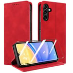 QHOHQ Tenphone Coque pour Samsung Galaxy A15 4G/5G [avec A15 Verre Trempé], [RFID Blocage], Etui Protection Housse Premium en Cuir PU, [Multifonctionnel] Magnétique Flip Case (Rétro) - Rouge