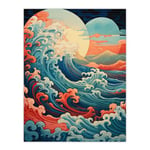 Artery8 Sea Waves Sunset Seascape Painting Pink Red Blue Great Wave Off Kanagawa Stylised Depiction Extra Large XL Wall Art Poster Print