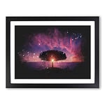 Lone Tree Beneath A Purple Sunset Paint Splash Modern Art Framed Wall Art Print, Ready to Hang Picture for Living Room Bedroom Home Office Décor, Black A2 (64 x 46 cm)