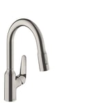 hansgrohe Focus M42 Mitigeur de cuisine 180, avec douchette extractible 2 jets, sBox, aspect acier inox, 71821800