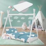 Ml-design - Lit d'Enfant Tipi 80 x 160 cm Blanc avec Matelas à Mousse Froide Hypoallergénique et Sommier à Lattes, Housse Amovible Respirant Lavable,