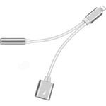 Silver/Svart Lightning adapter, ladda och 3.5mm samtidigt Y-kabel Vit one size