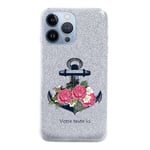 Coque Iphone 13 PRO paillettes argent ancre fleur