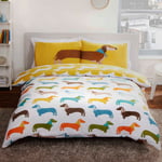 SAUSAGE DOG KING SIZE DUVET COVER AND PILLOWCASE SET YELLOW WHITE BEDDING NEW