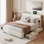 Lit 160x200,lit adulte 160x200,lit avec 4 tiroirs,lit double capitonné 160x200,Tête de lit avec chargement USB,poche de lit latérale,PU,beige