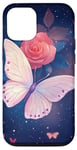 Coque pour iPhone 15 Pro Rose et papillon mignon sur fond bleu