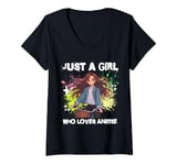 Womens Just a Girl Who Loves Anime Woman on Bike Otaku Nerd Gifts V-Neck T-Shirt