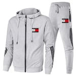 Män TomyJeans Helzippade Tryckt Hoodie Jacka Långa Sweatpants Joggers Sport Gym Tracksuit Set Light Grey M