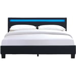 Angel - Solide et Confortable Lit 160x200 avec Sommier + Tête de Lit avec Eclairage led Couleur noir + Pieds en 10 cm pour matelas en - 2 x 13 Lattes