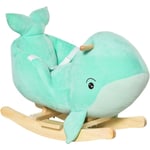 Jouet à bascule baleine - effet sonore chant baleine - fauteuil intégré, ceinture de sécurité - bois peuplier peluche courte polyester turquoise clair