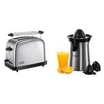 Russell Hobbs Toaster Grille Pain 1670W, 2 Fentes, Chauffe Viennoiseries, Rapide - Chester & Presse Agrumes Electrique, 2 Sens Rotation, 2 Cônes Interchangeables, Jus de Fruit Frais Rapide - Inox