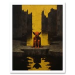 Nosferatu Lair Conceptual Art Oil Painting Yellow Sky Castle Ruins Red Demon Water Reflection Art Print Framed Poster Wall Decor 12x16 inch