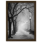 Snow Covered Street in the Misty Glow of Light Posts Atmospheric Black and White Photograph Winter Scene Artwork Framed Wall Art Print A4