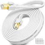 Cable Ethernet 15m Cat 8,Câble RJ45 15 Mètres Plat Haut Debit Câble Réseau Blindé Extérieure Intérieur 40Gbps 2000MHz Gigabit Blanc Cable Interent Lan pour Commutateur Routeur Modem