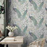 Exotic Peacock Keeka Wallpaper 923708 Blue Arthouse Leafy Birds Flowers Metallic