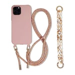 FIFTHAVE Coque avec Cordon pour iPhone 14 Plus 6.7",Etui pour téléphone Portable Collier Corde Housse Silicone Antichoc Housse pour iPhone 14 Plus avec Chaîne Réglable Lanyard Cover-Rose Sable