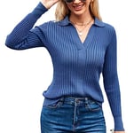 GRACE KARIN Vintage Classic Solid Color Long Sleeve Tops for Women UK Knitted Jumper Sweater Steel Blue XXL