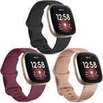 [3 Pack] Strap Compatible for Fitbit Versa 3 Strap/Fitbit Sense Strap, Soft Silicone Replacement Strap for Fitbit Versa 3 / Fitbit Sense Smart Watch (Shiny rose gold/Black/Wine red, Large)